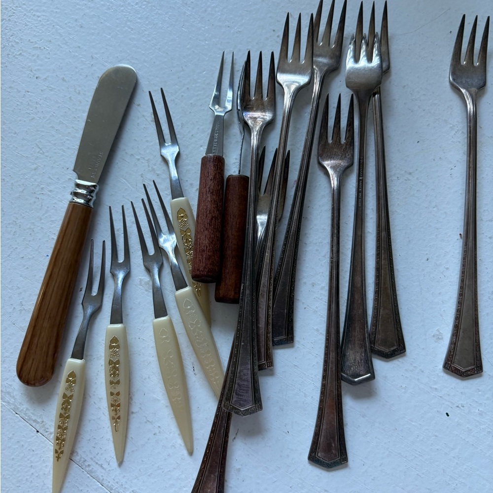 Vintage Stylish Silver and Cream Fork Set with Wooden Handles
